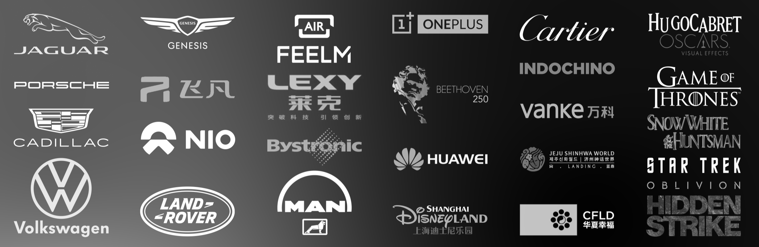 Selected brand and production credits including Volkswagen, NIO, Jaguar, OnePlus, Huawei and Shanghai Disneyland